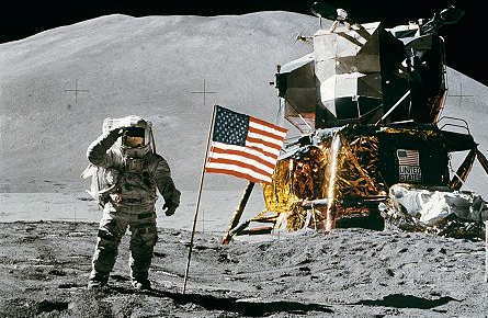 Apollo 15 moonwalk with Lunar Module and Rover